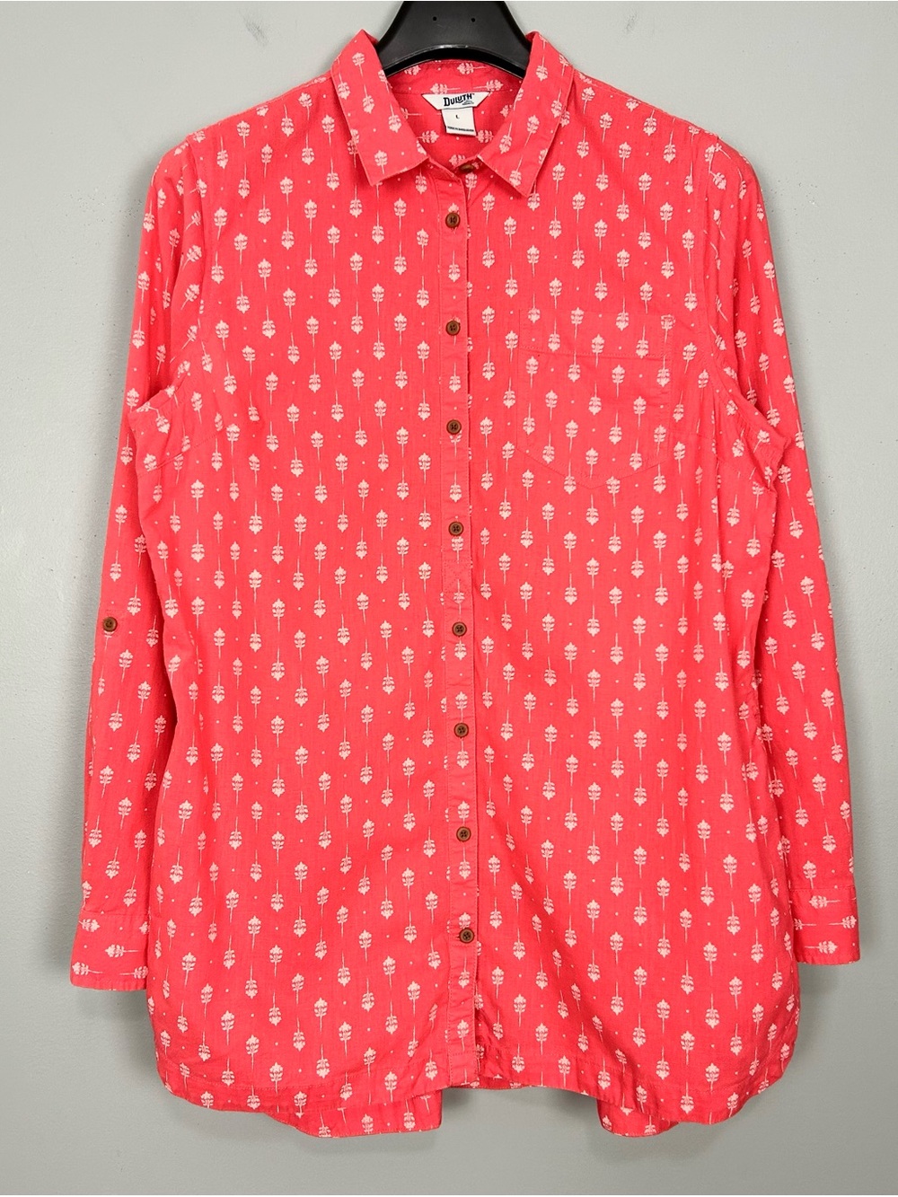 Duluth Artisan Hemp Tunic Top Women’s Size L Button Front Pockets Long Sleeves